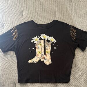 Black Crop Top with Floral Boot Design